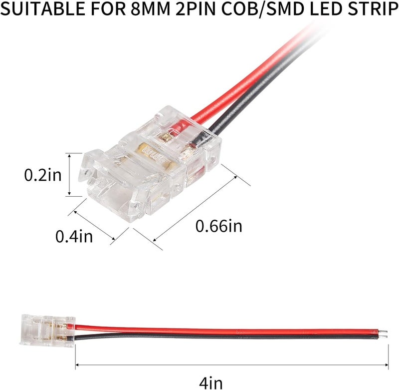 HEYAN 20 Pcs 2 Pin 8mm Solderless Transparent LED Strip Connector Strip to Wire for 12V 24V Single Color LED Light Strips - Image 4